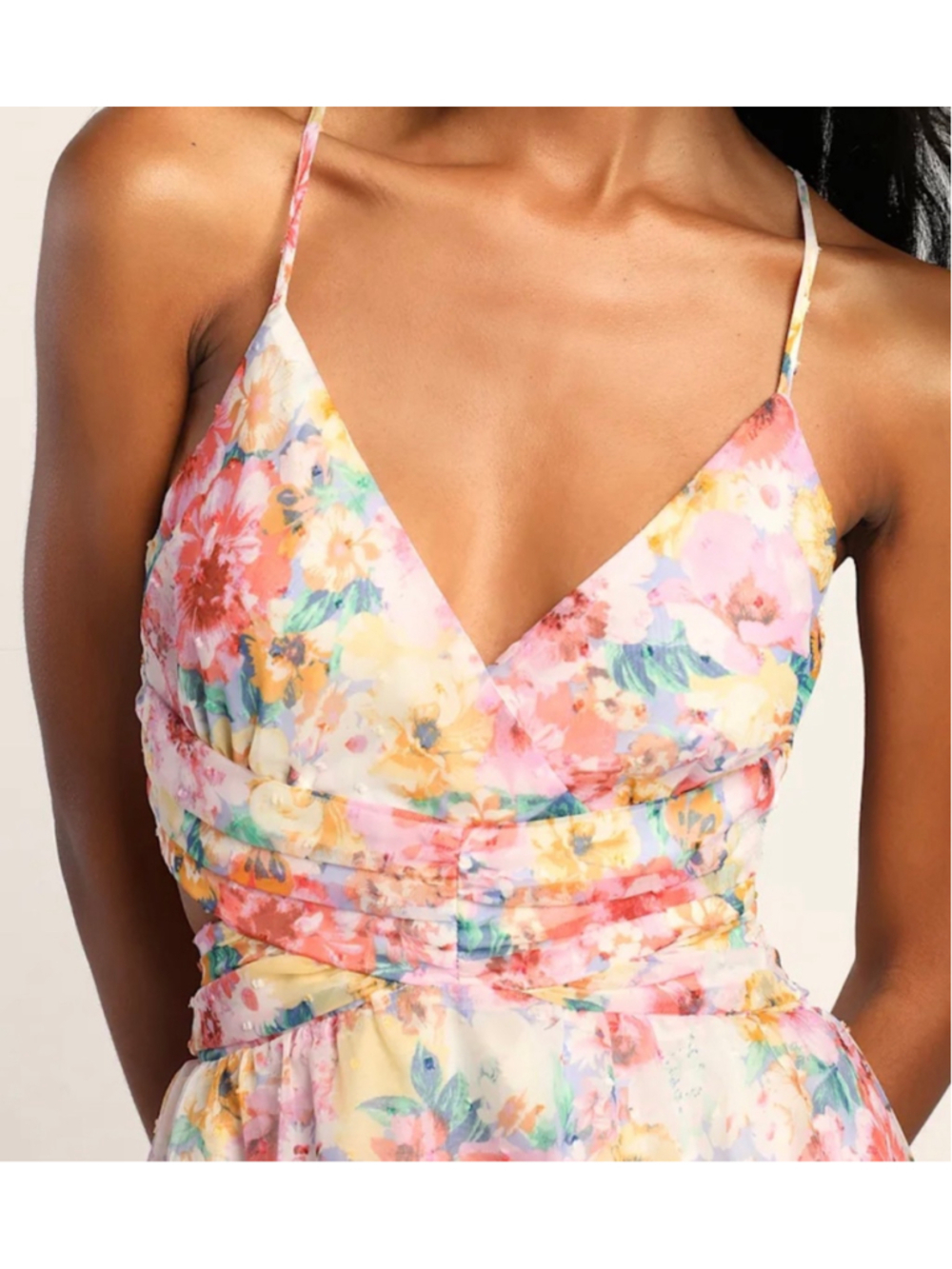 Lulus Flower Fields Pink Multi Floral Print Lace-Up Midi Dress NWT M